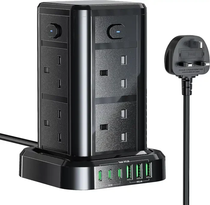 8-Way Tower Extension Lead with USB C & 6 USB Ports, 3250W Power Strip with 4 Switches – 1.8M Cable for Home & Office