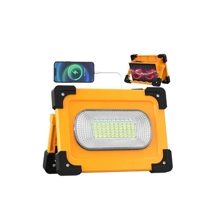 80W Solar Rechargeable LED Work Light – Portable Waterproof Floodlight with 4 Lighting Modes, 11000mAh Battery, Magnetic Base & USB Charging for Camping, Garage, Car Repair, and Emergency Use