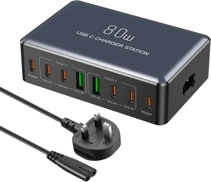 80W USB Charging Station, 8-Port Multi USB-C Fast Charger Hub with PD QC 3.0, UK Plug Wall Charger for iPhone, iPad, Samsung
