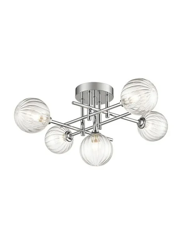 Abstraction 5 Light Chrome with Clear Ribbed Spheres Semi Flush Ceiling Light