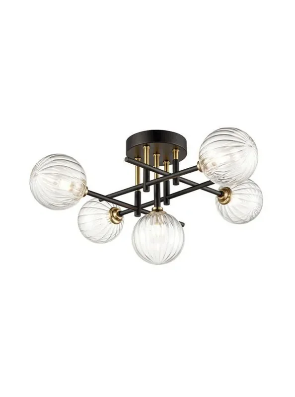 Abstraction 5 Light Matt Black and Brushed Brass with Ribbed Spheres Semi Flush Ceiling Light