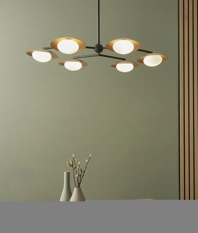 Adjustable 6 Light Pendant with Gold and Opal Shades