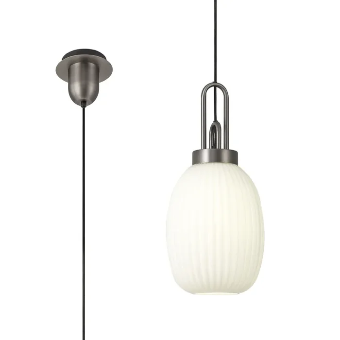 Albon 1 Light Pendant E27 20cm Almond Ribbed Glass, Opal Antique Silver-Black