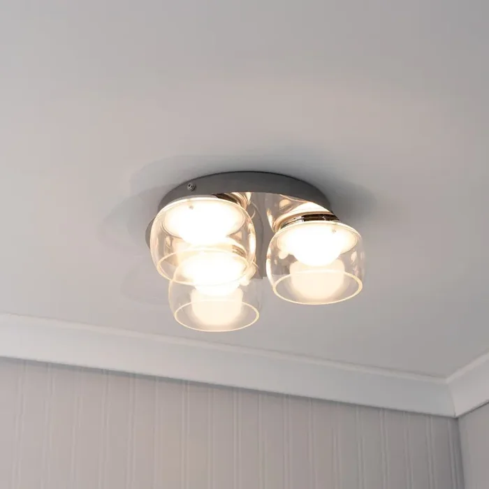 Alissa IP44 Bathroom Rated LED Round 3 Light Flush Ceiling Fitting with Glass Shades