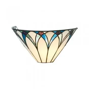 Allanton Tiffany Glass Semi Flush Wall Light in Ivory and Blues with Bronze Trim. 1x ES GLS Bulbs (Oaks OT 8413 WB)