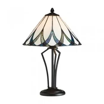 Allanton Tiffany Glass Table Lamp in Ivory and Blues with Bronze Trim. 1x ES GLS Bulbs (Oaks OT 8413/12 TL)