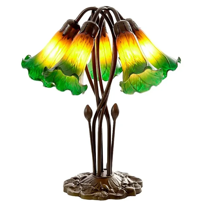 Amber Green Tiffany Glass Vintage Lily 5 Arm Table Lamp 48cm
