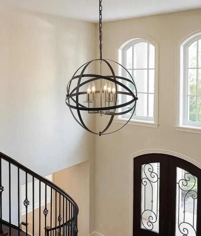 Anthracite Cage Pendant with 6 Light Satin Nickel Chandelier
