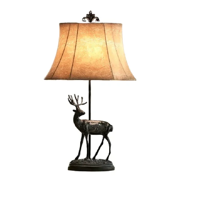 Antique Black Faline Deer Stag Table Lamp with Natural Faux Tapered Shade 65cm