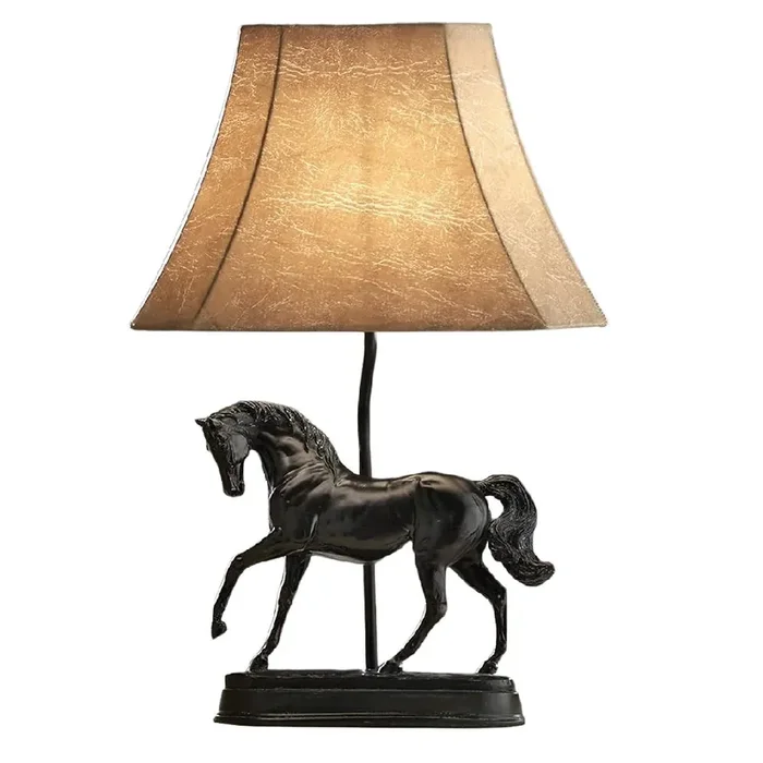 Antique Black Horse Table Lamp with Natural Faux Tapered Shade 60cm