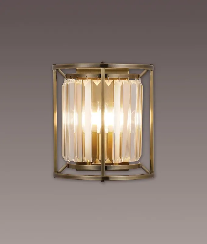 Antique Brass & Clear Rod Crystal Wall Light