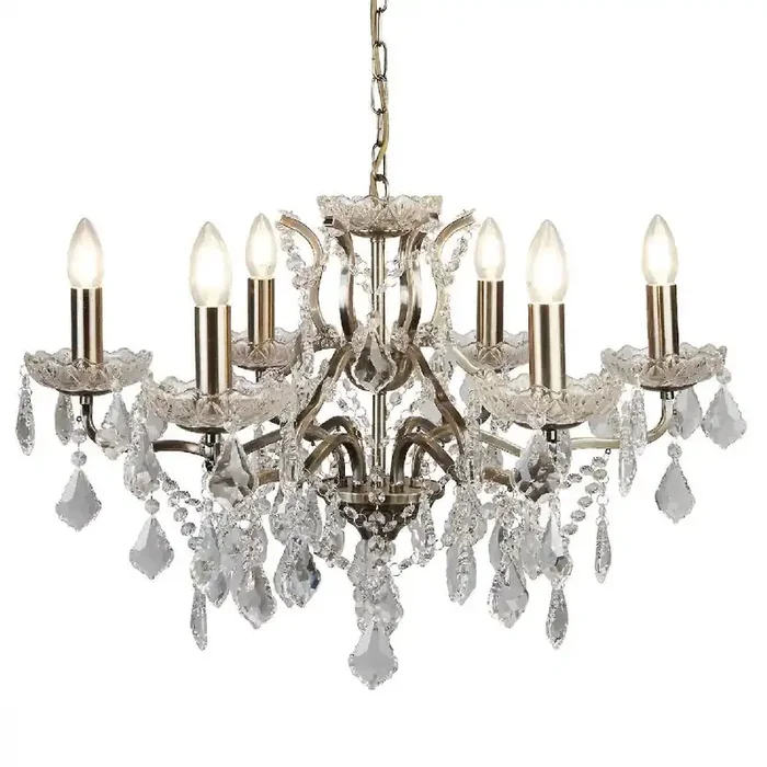 Antique Brass & Crystal Bead Traditional 6 Lamp Chandelier Light 70cm