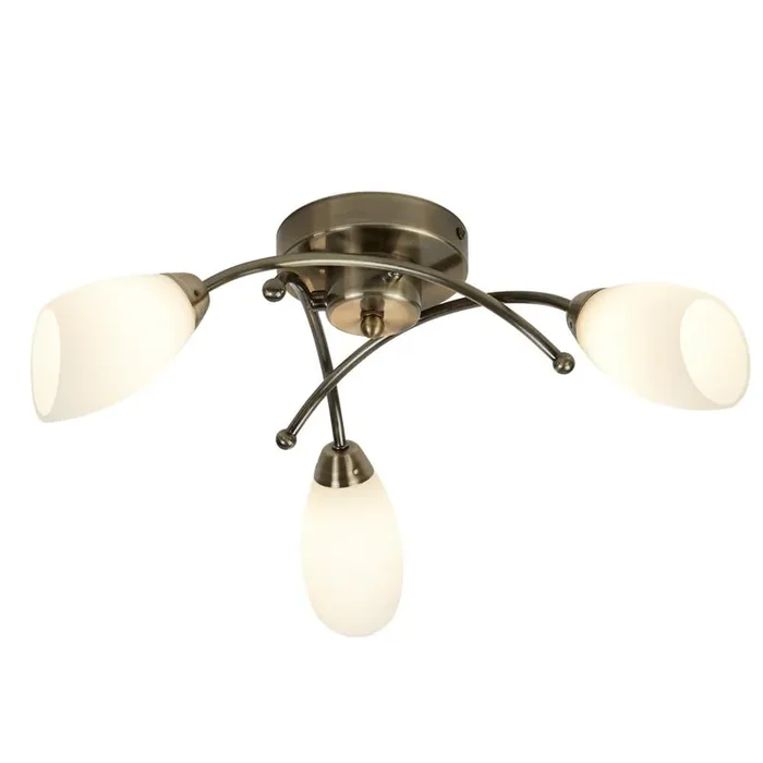 Antique Brass 3 Lamp Semi Flush Light with Opal Glass Shades 500mm