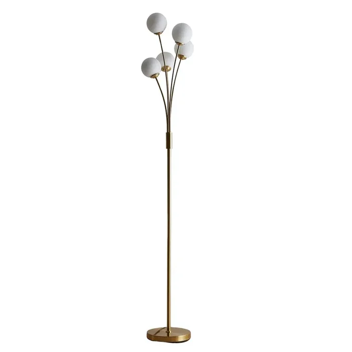 Antique Brass 5 Arm Modern Floor Lamp with Glass Opal Globes 1600mm