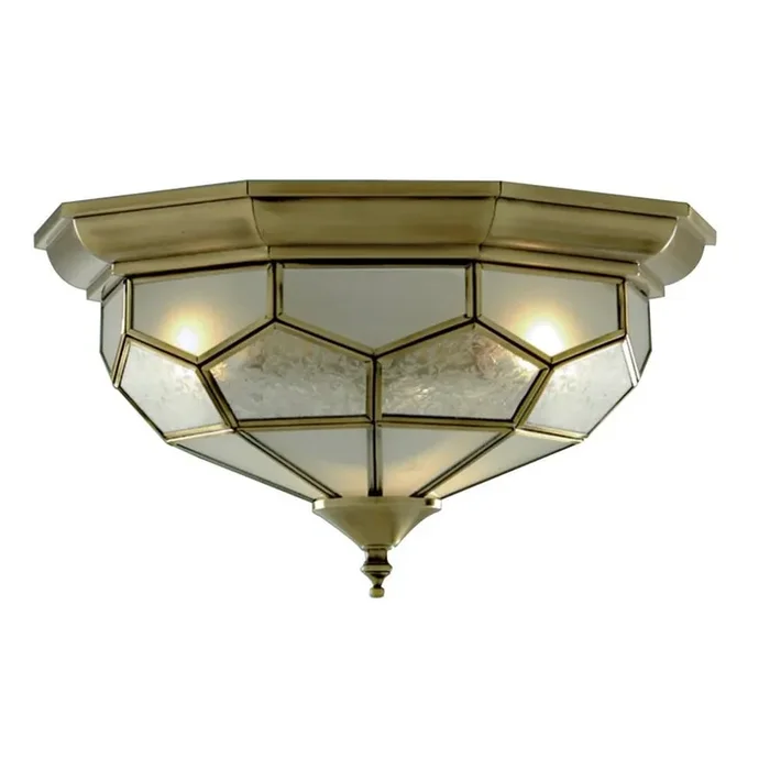 Antique Brass and Acid Glass Octagonal Vintage Indoor Flush Ceiling Light 29cm