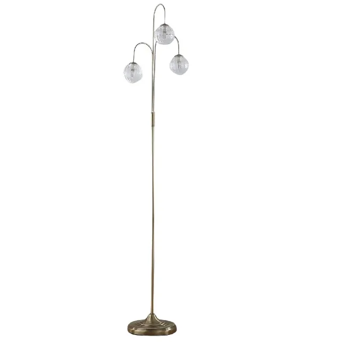 Antique Brass Modern Three Arm Floor Lamp with Clear Ribbed Glass Shades 165cm