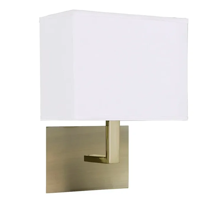 Antique Brass Square Backplate Wall Light with Rectangular White Shade – 260mm
