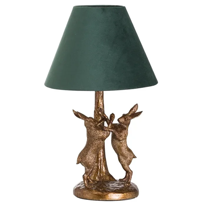 Antique Gold Marching Hares Sculpture Vintage Table Lamp with Green Velvet Shade 48cm