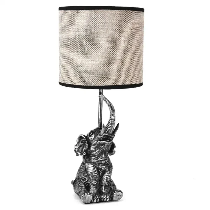 Antique Silver Sitting Elephant Sculpture Vintage Table Lamp with Drum Shade 47cm