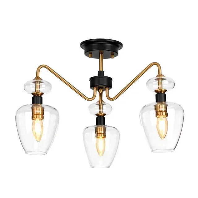 Armand 3 Light Aged Brass with Black Semi Flush Ceiling Light