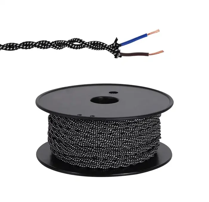 Ashmore 25m Roll Black & White Spot Braided Twisted 2 Core 0.75mm Cable VDE Approved