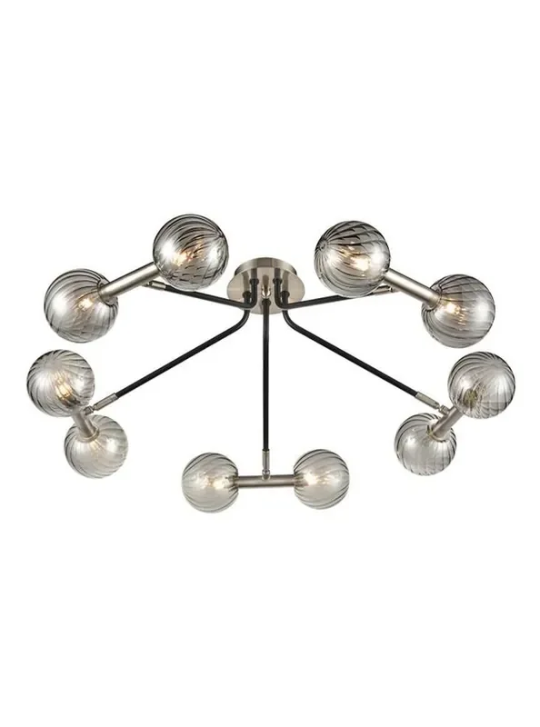 Atmo 10 Light Black with Satin Nickel with Smoke Spheres Semi Flush Ceiling Light