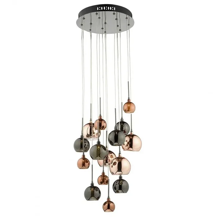 Aurelia Black Chrome 15 Lamp Cluster Pendant with Copper Glass
