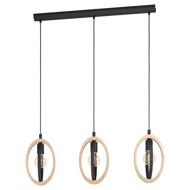 Basildon 3 Light Black with Wood Shade Bar Pendant light