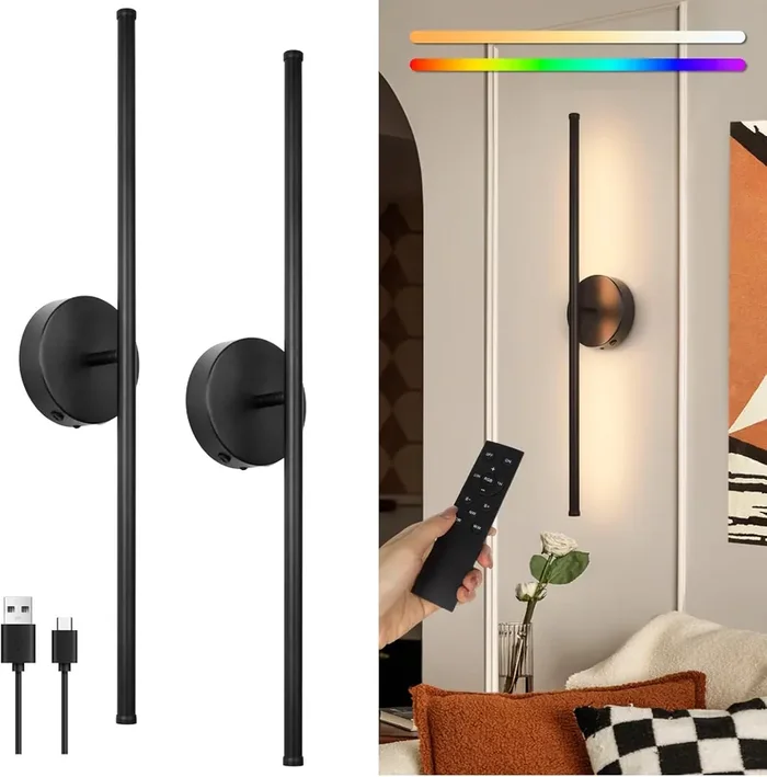 Battery Operated Wall Lights USB Rechargeable LED RGB Remote Control 70CM Modern Wall Sconce for Bedroom Living Room (2 Pack)