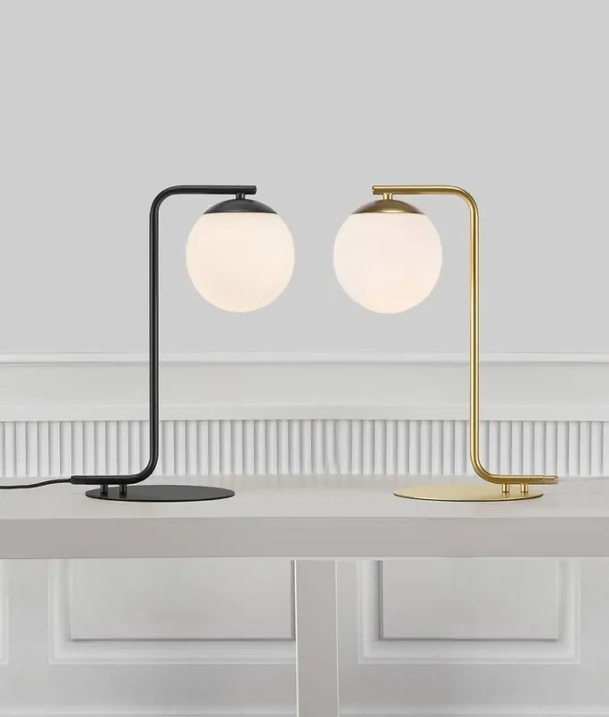 Bauhaus-Style Opal Glass Globe Table Lamp – Black & Brass