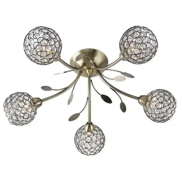 Bellis Ii 5 Light Antique Brass with Clear Glass Semi-Flush Ceiling Light