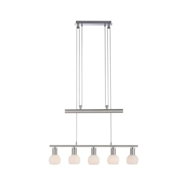 Benedikt 5 Light Brushed Steel with Opal Glass Rise and Fall Bar Pendant Light