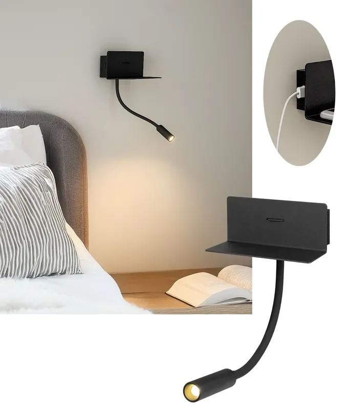 Black Bedside Adjustable Reading Light – Shelf, USB and Switched