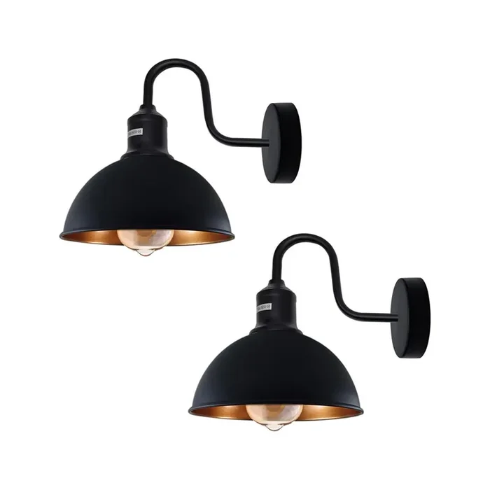 Black (Dark Gold Inner) Dome Industrial Swan Neck Wall Lights – 2 Pack