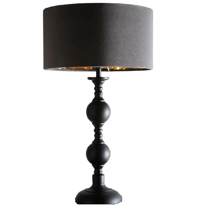Black Metal Modern Candlestick Table Lamp with Grey Velvet Drum Shade with Gold Inner 46cm