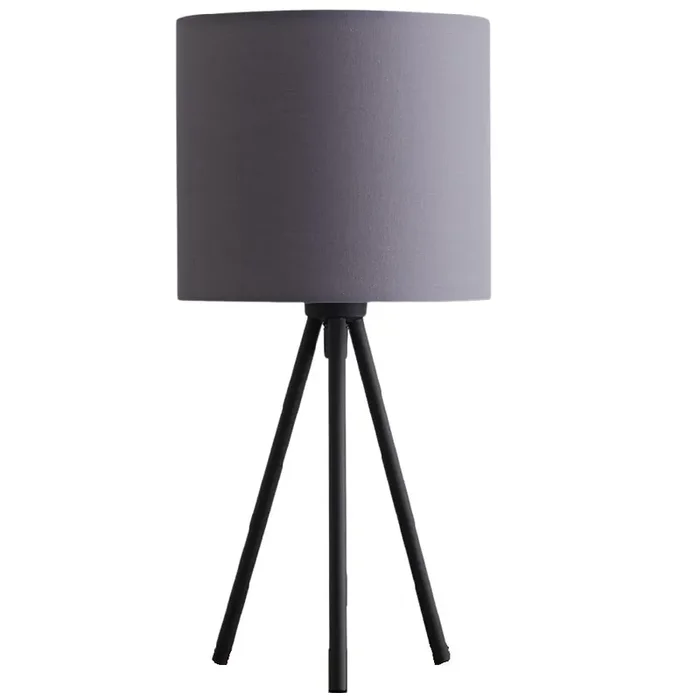 Black Metal Modern Tripod Desk Lamp with Grey Cotton Drum Shade 350mm