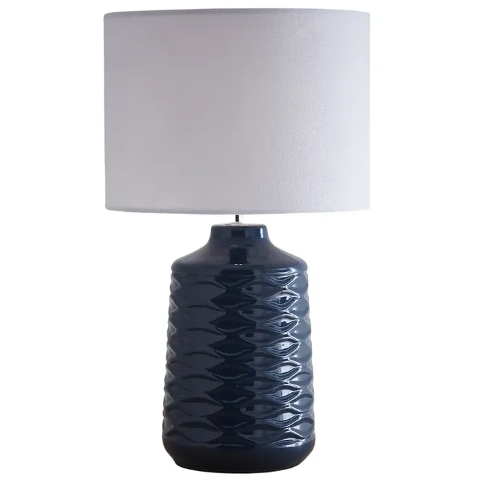 Blue Ceramic Geometric Ripple Table Lamp with White Linen Shade 43cm