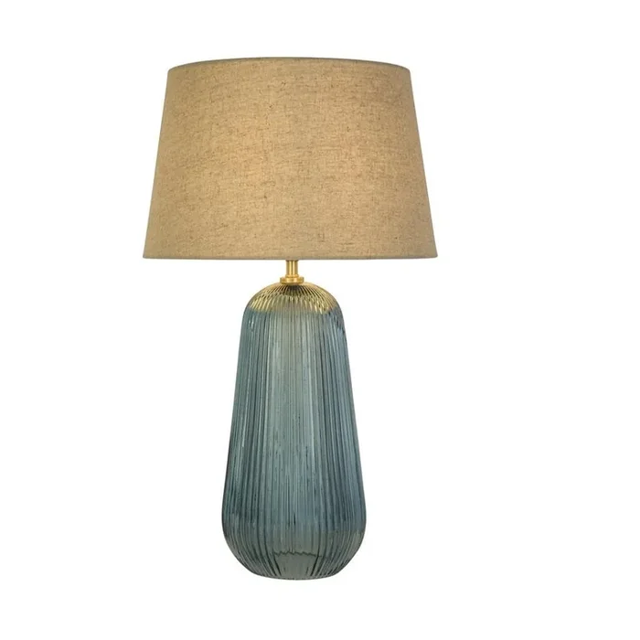 Blue Ribbed Glass Modern Table Lamp With Natural Linen Shade 530mm