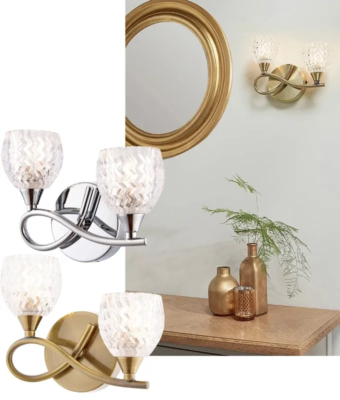Bracket Wall Light with Twin Glass Shades – Brass or Chrome Finish