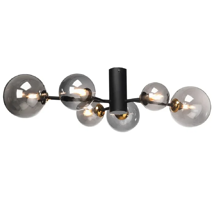 Britalia BR4284/6 BK Black & Gold Vintage 6 Lamp Semi Flush with Smoked Glass Shades 62cm