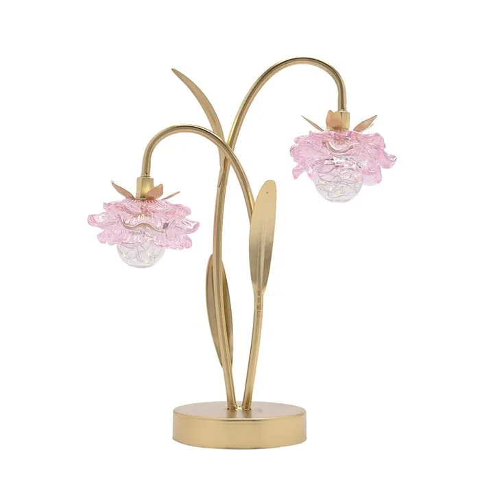 Britalia Gold and Pink Glass Flower Double Stem Battery Powered LED Table Lamp 36cm