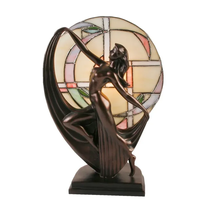 Bronze Art Deco Dancing Lady table Lamp with Stained Glass Backdrop 36cm