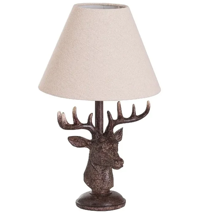 Brown Rustic Stag Head Sculpture Vintage Table Lamp with Linen Shade 48cm