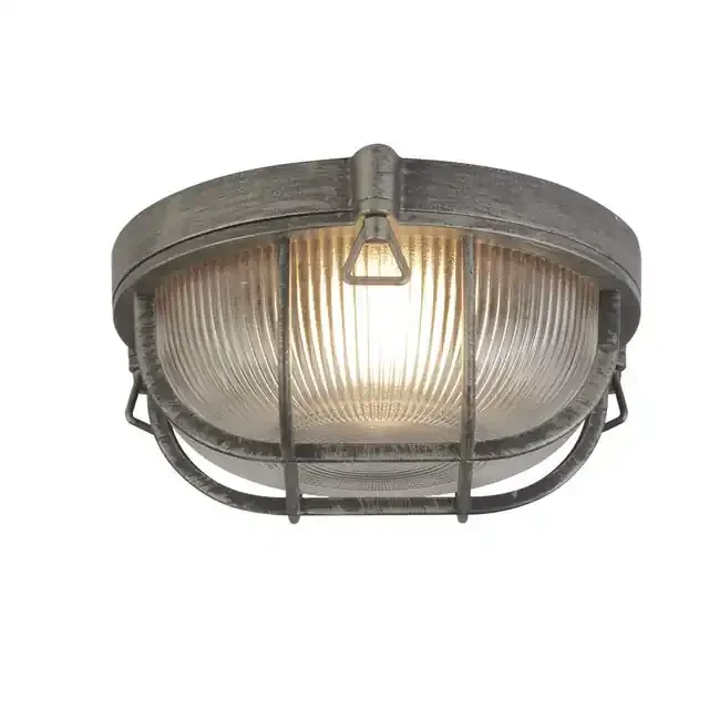 Bulkhead Black Silver Round Ribbed Glass IP44 Wall Light