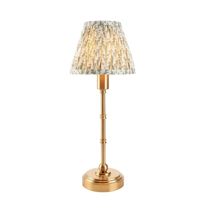 Burley Rechargeable Aged Brass Table Lamp With Leaf 16cm Herb Garden Green Shade (Endon 114800)