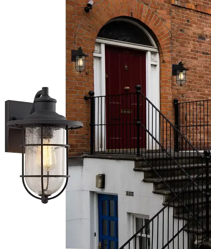 Caged Wall Lantern Black with Seeded Glass