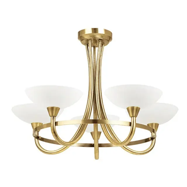 Cagney 5 Light Antique Brass with Opal Glass Semi-Flush Ceiling Light