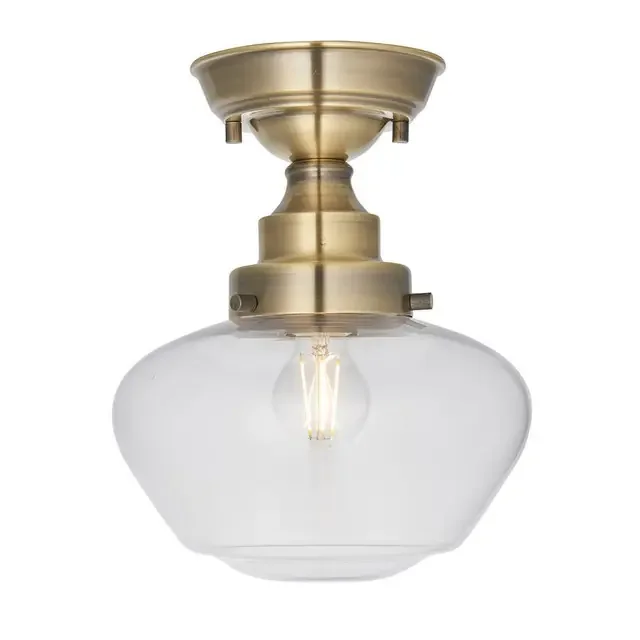 Camberley Antique Brass with Clear Glass Shade Semi Flush Ceiling Light