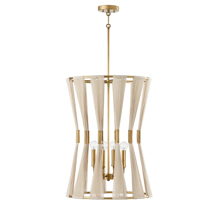 Capital Lighting 541141NP Bianca Four Light Foyer Pendant, Bleached Natural Rope and Patinaed Brass