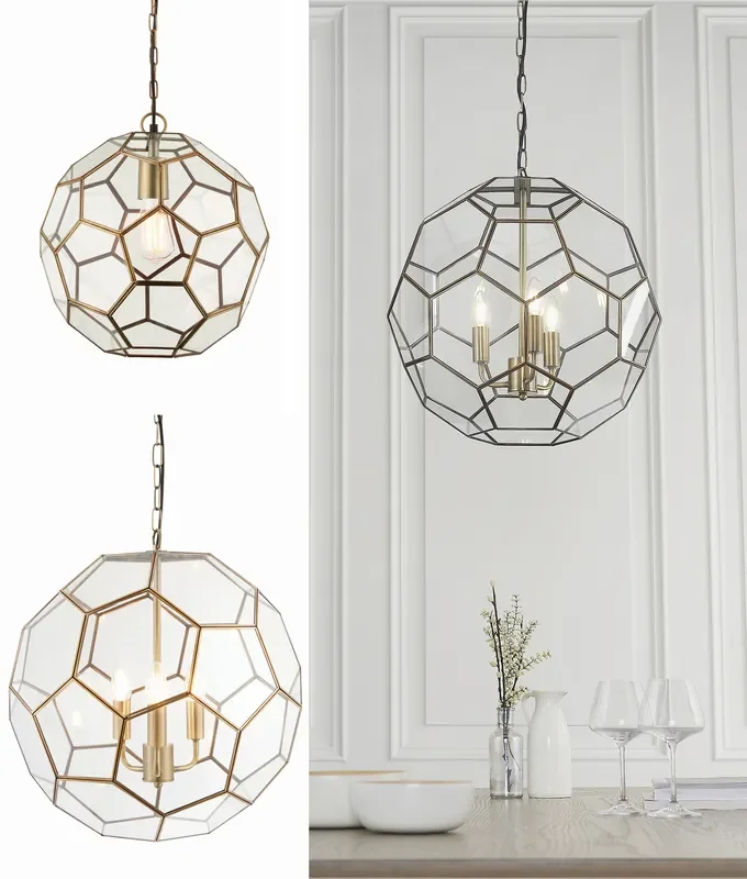 Chain-Hung Glass Lantern with Hexagonal Cut Glass in in Antique Brass Frame